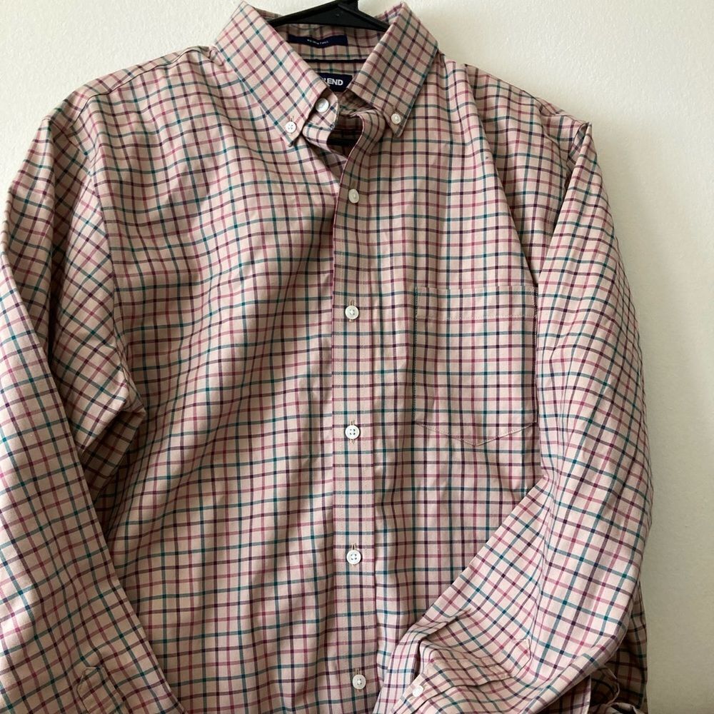Mens Lands End Tan Plaid Long Sleeve Button Down Shirt
